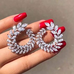 Silver Pated Leaf Geometric Rhinestone Statement Earrings